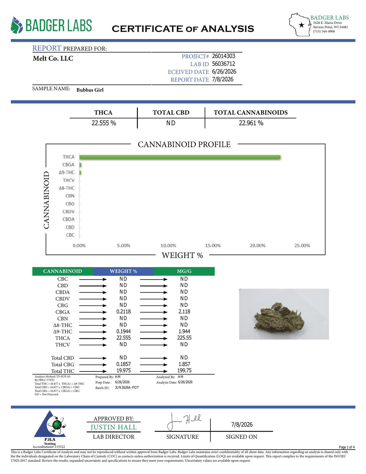 Lab report - Bubba's Girl THCA potency analysis