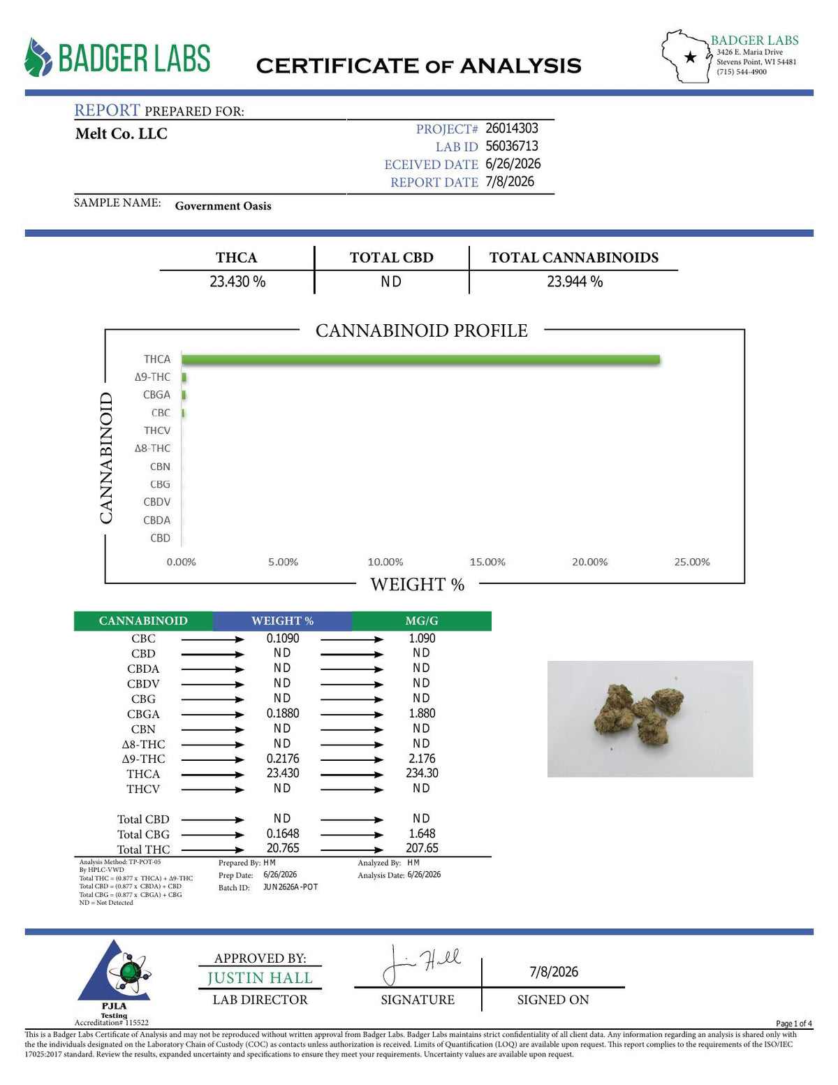 Lab report - Government Oasis THCA potency analysis