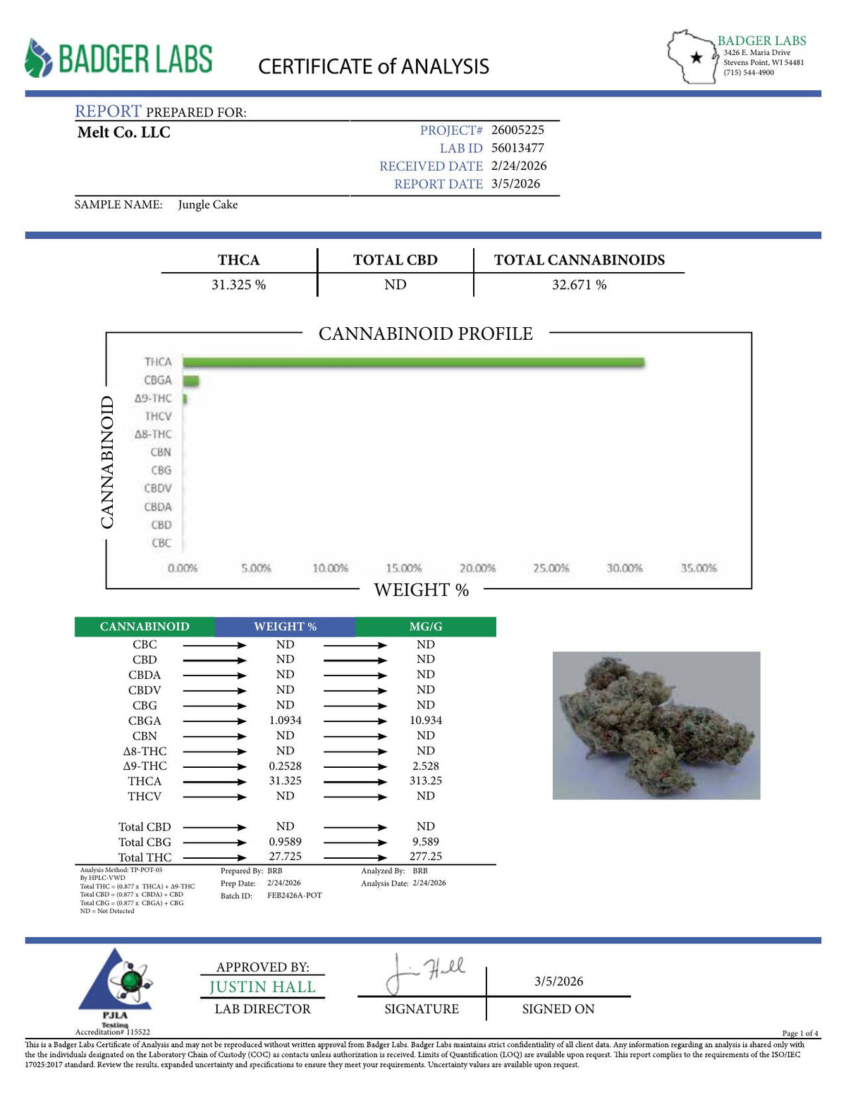 Lab report - Jungle Cake THCA potency analysis