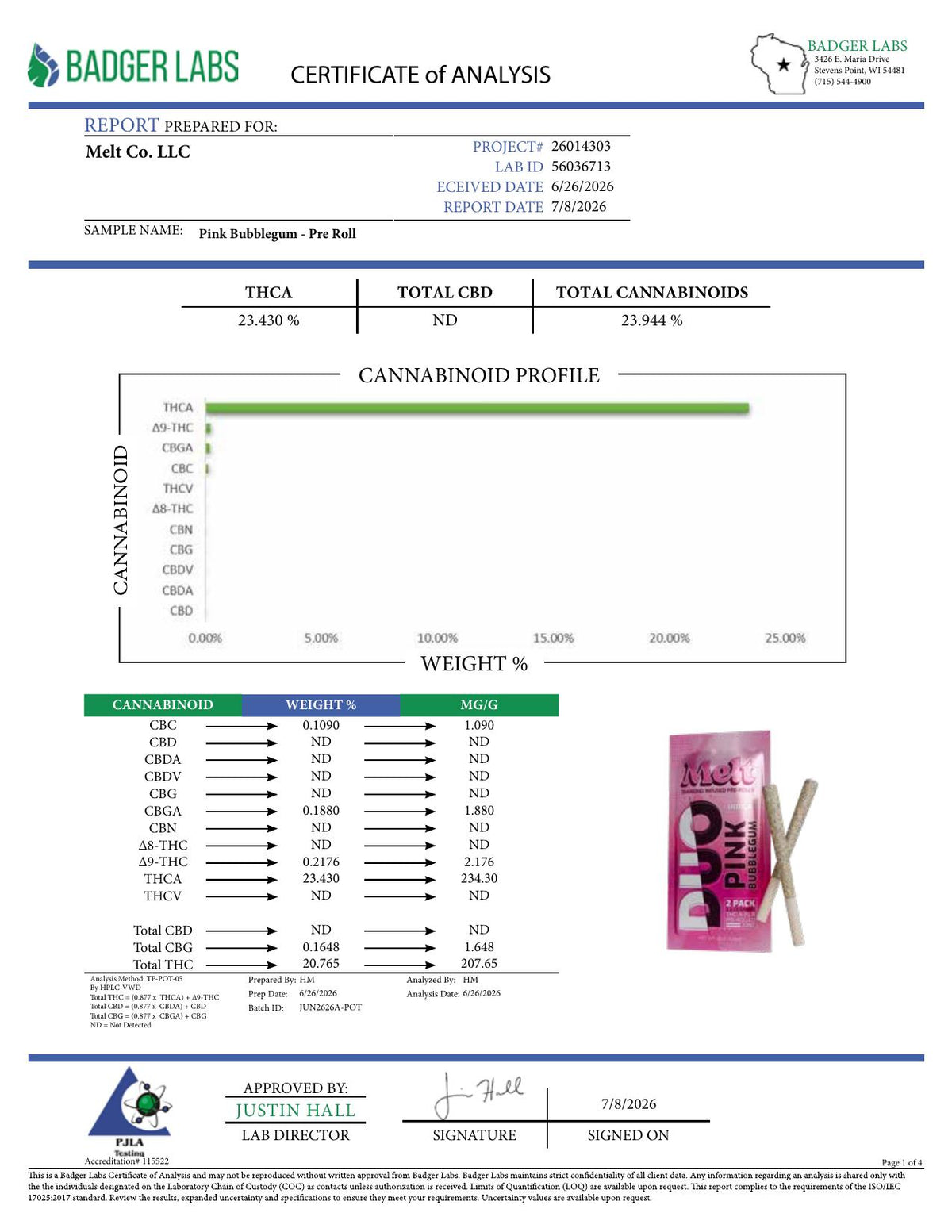 Lab report - Pink Bubblegum Duo Preroll THCA potency analysis